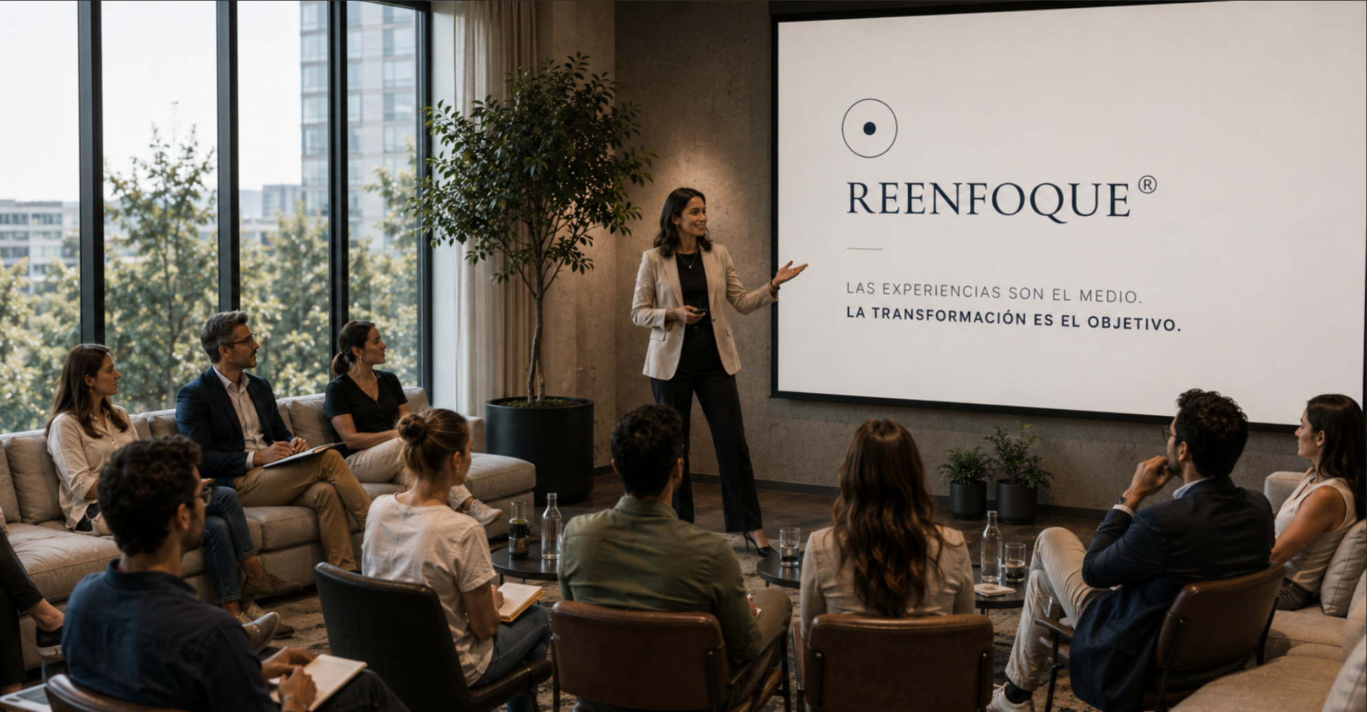 Facilitadora dirigiendo una sesión REENFOQUE® ante un grupo directivo