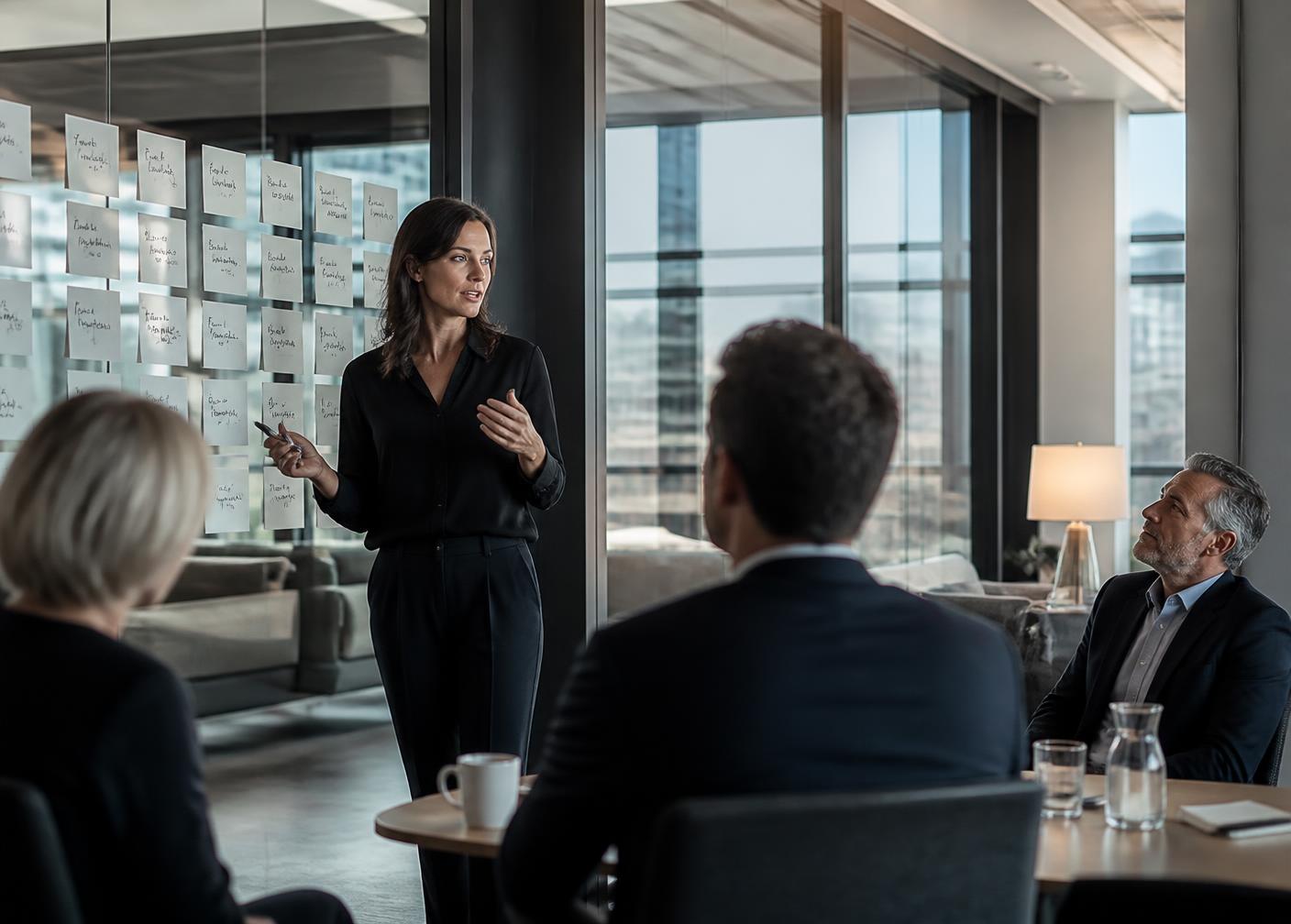 Facilitadora dirigiendo una sesión estratégica ante un equipo directivo
