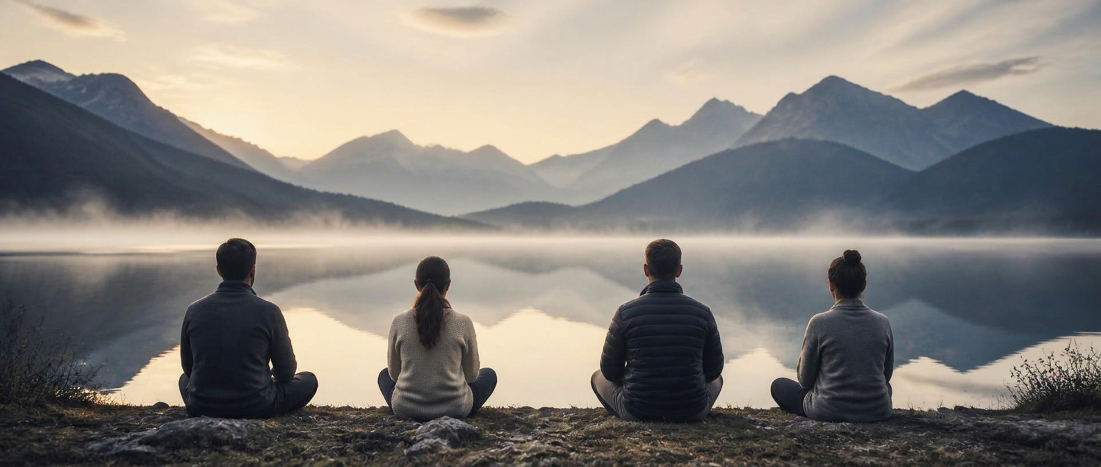 Grupo de personas contemplando un lago en calma al amanecer